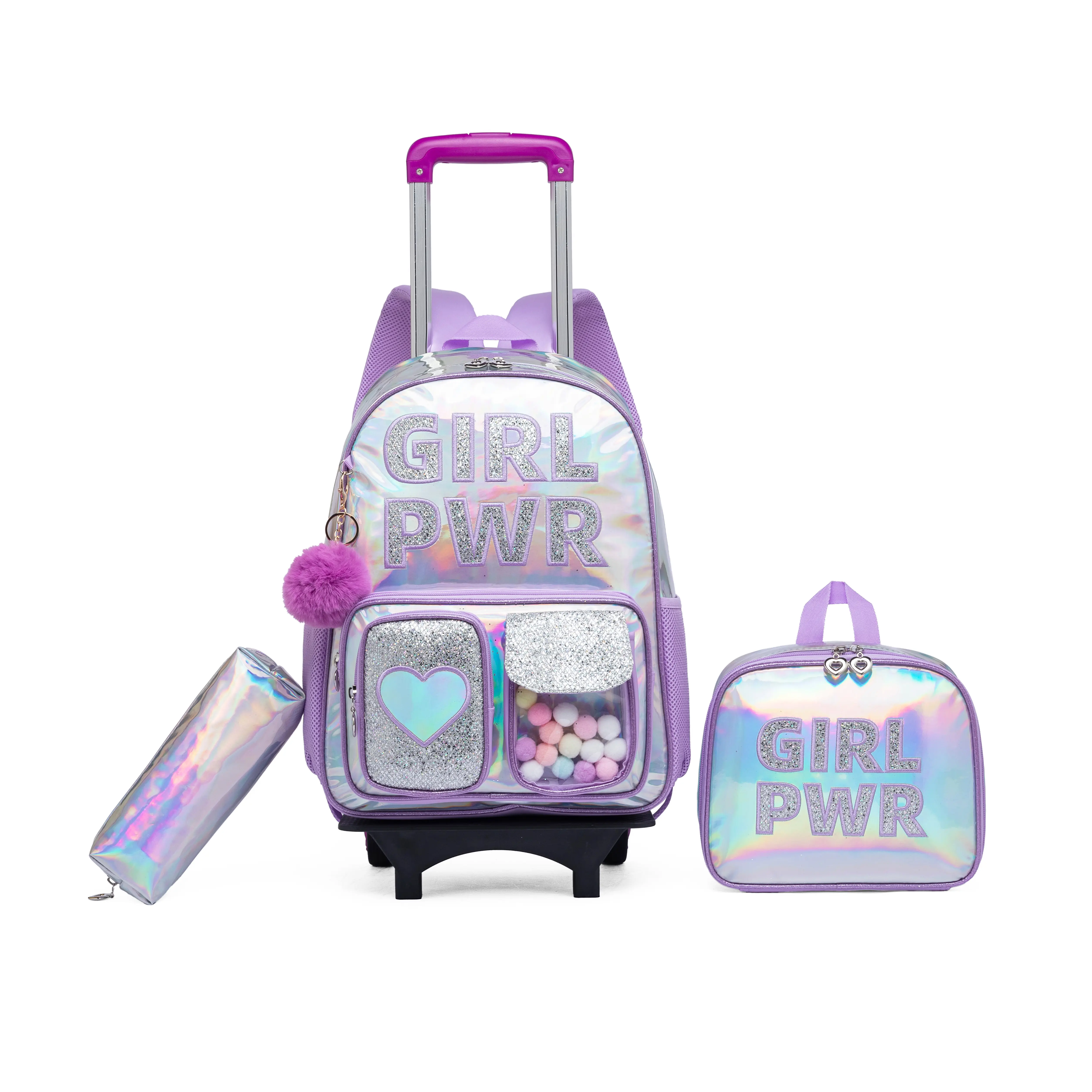 3-Piece Detachable Rolling Backpack Set, Chic Holographic Sequin Nylon Fabric Unisex Trolley Bag with Sturdy Wheels for School Trips, Chic Look