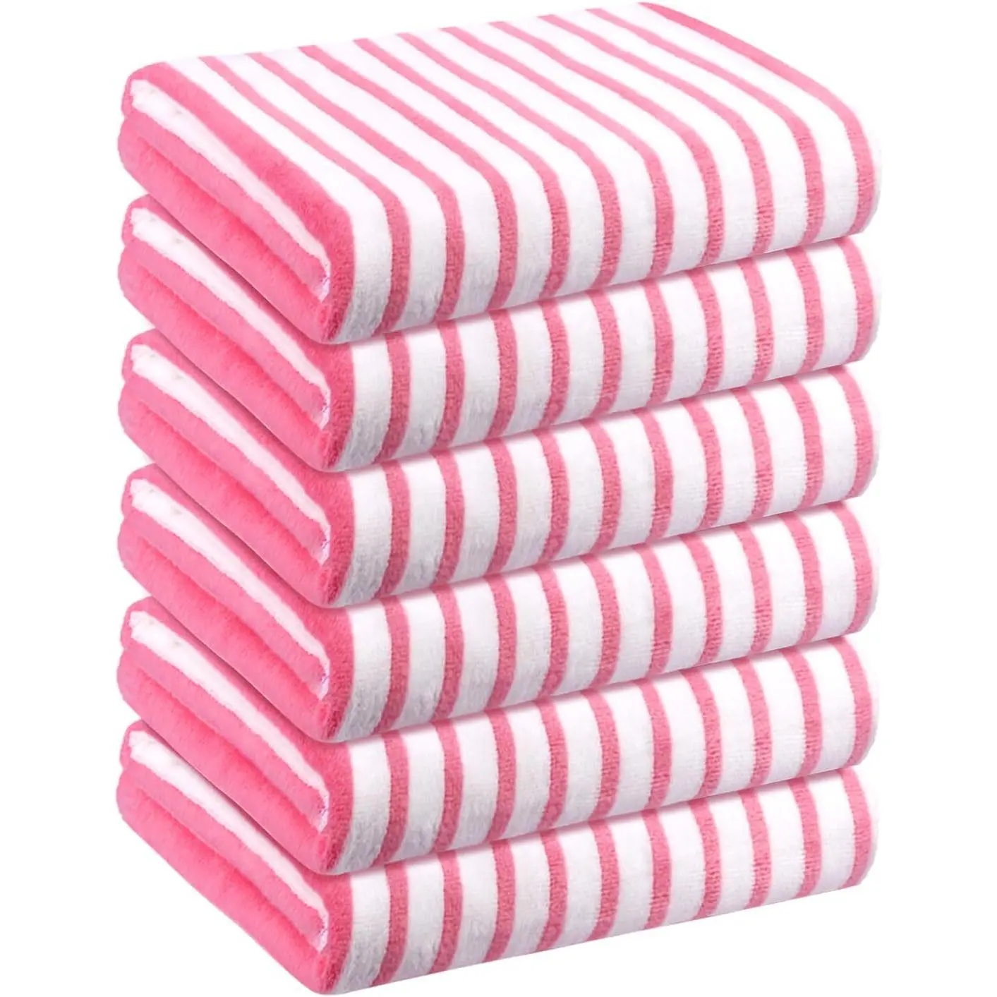 Premium Microfiber Bath Towel Set with Hanging Loop - Cabana Stripe Pink, 30x60 Inches, 6 Pack, Quick Dry Absorbent