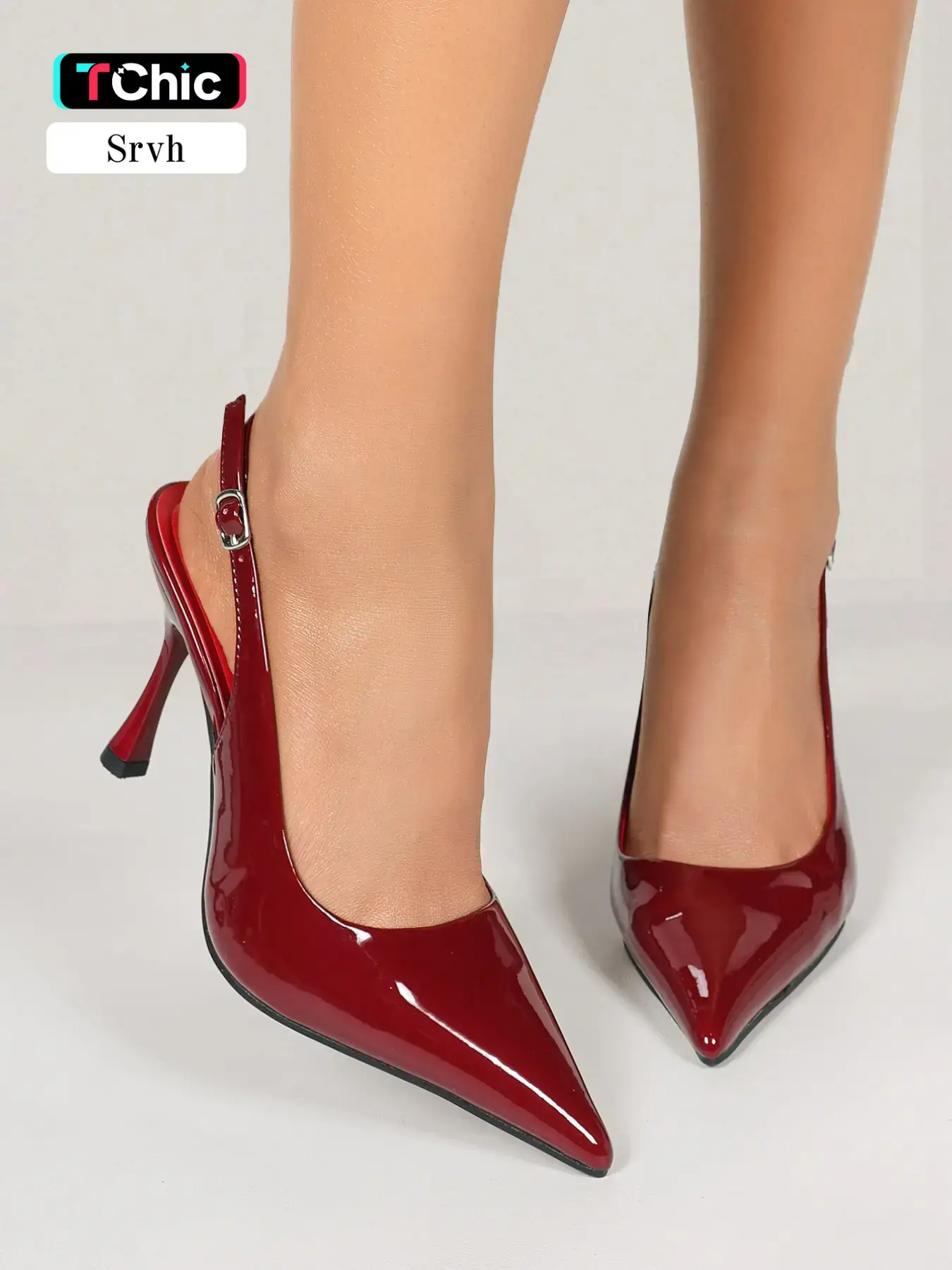 Women's Burgundy Glossy Patent Leather Pointed Toe Slingback Stiletto Heels, Adjustable Buckle Backless Heels, Minimal French Elegant 2026 Spring Summer New Arrival, Versatile Dress Heels for Office Daily, Dates, Parties, Wedding & Evening Occasions