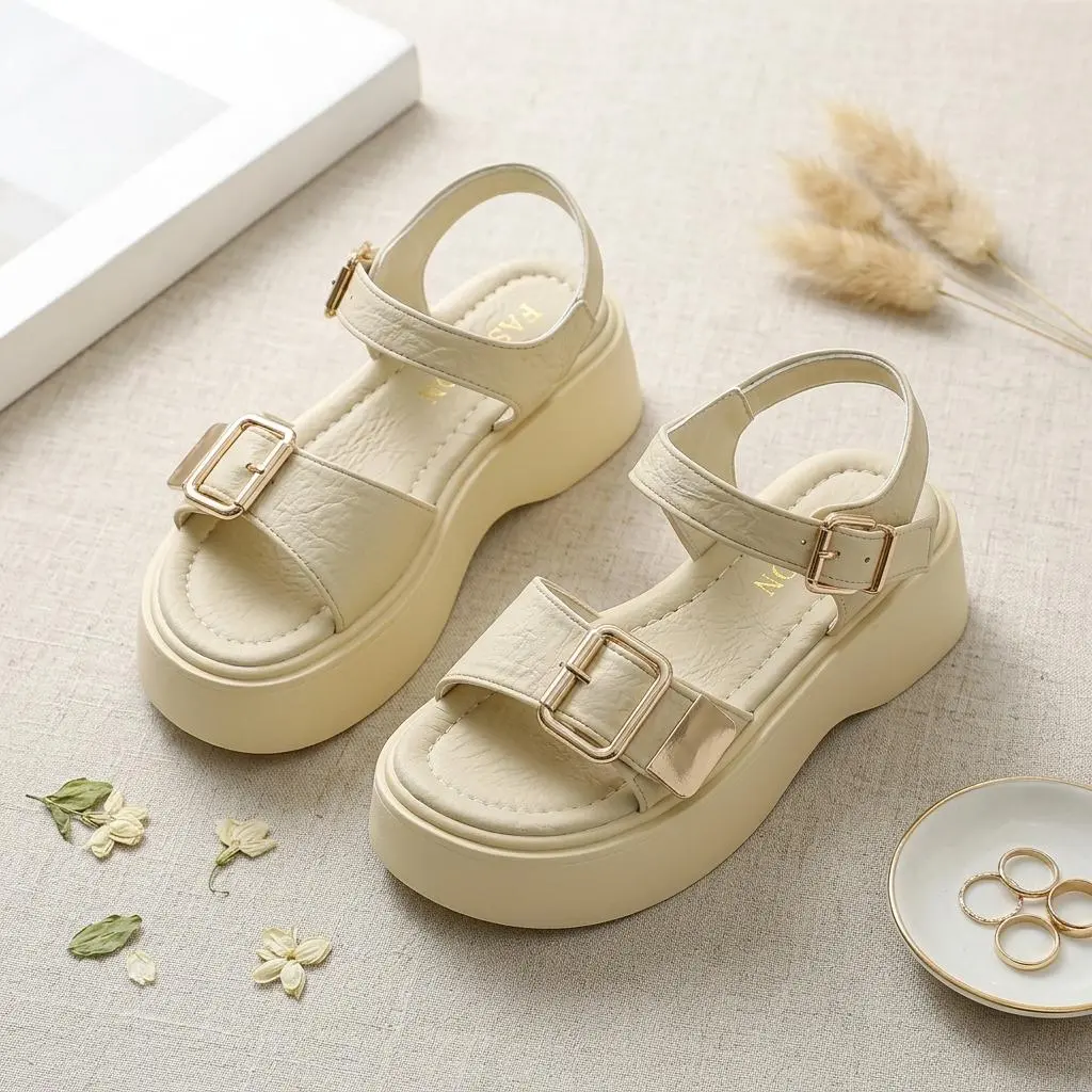 Women's Summer Chunky Platform Leather Sandals, Adjustable Metal Buckle Comfortable Wide-Fit Casual Slingback Sandals, Non-Slip Rubber Sole Height Boosting Big Size Outdoor Footwear