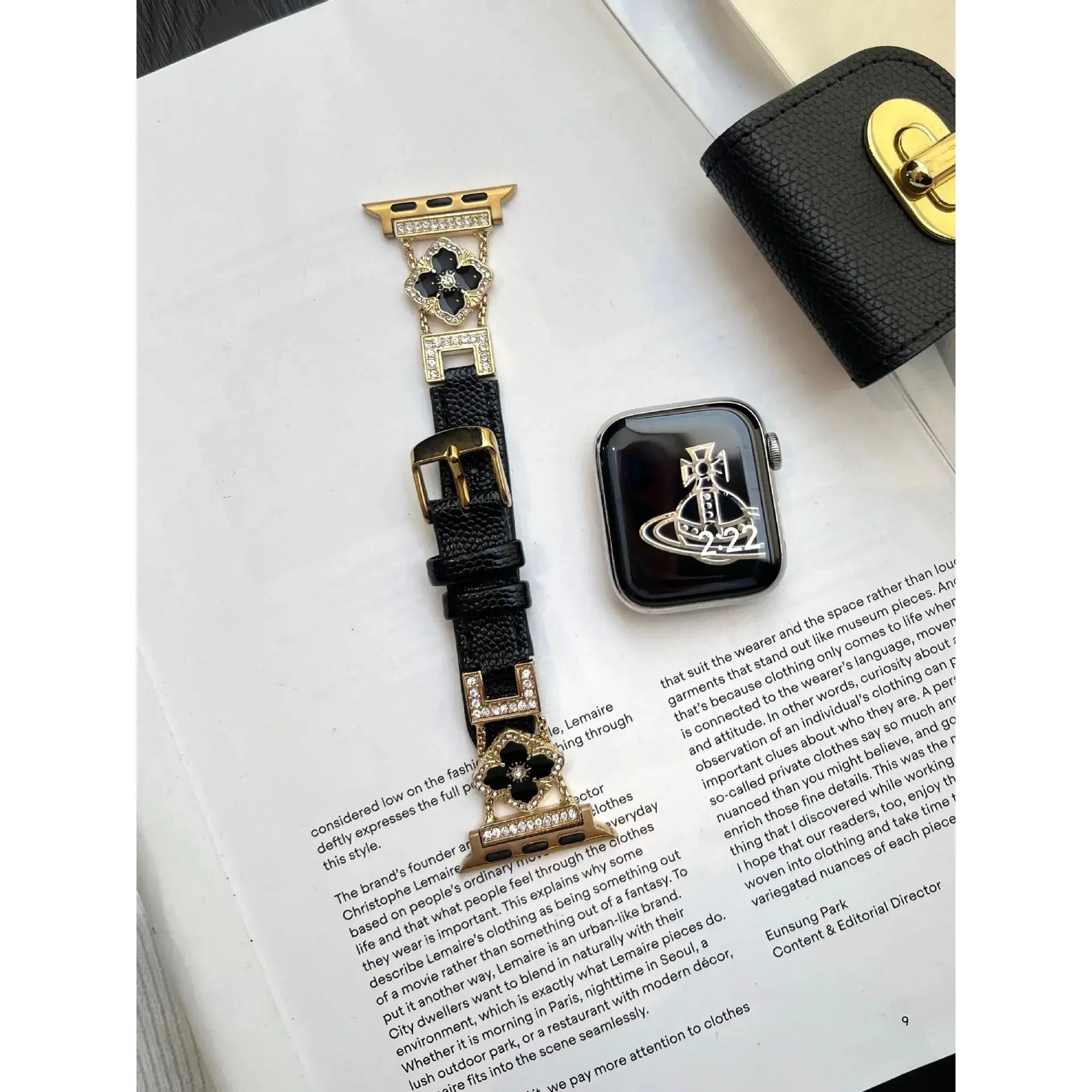 Apple Watch Strap Black Gold Microfiber Leather Compatible with Series 10/9/8/SE/7/6 Ultra 38mm 40 41 42 44 45 46 49mm Women's Fashion Bracelet Accessories