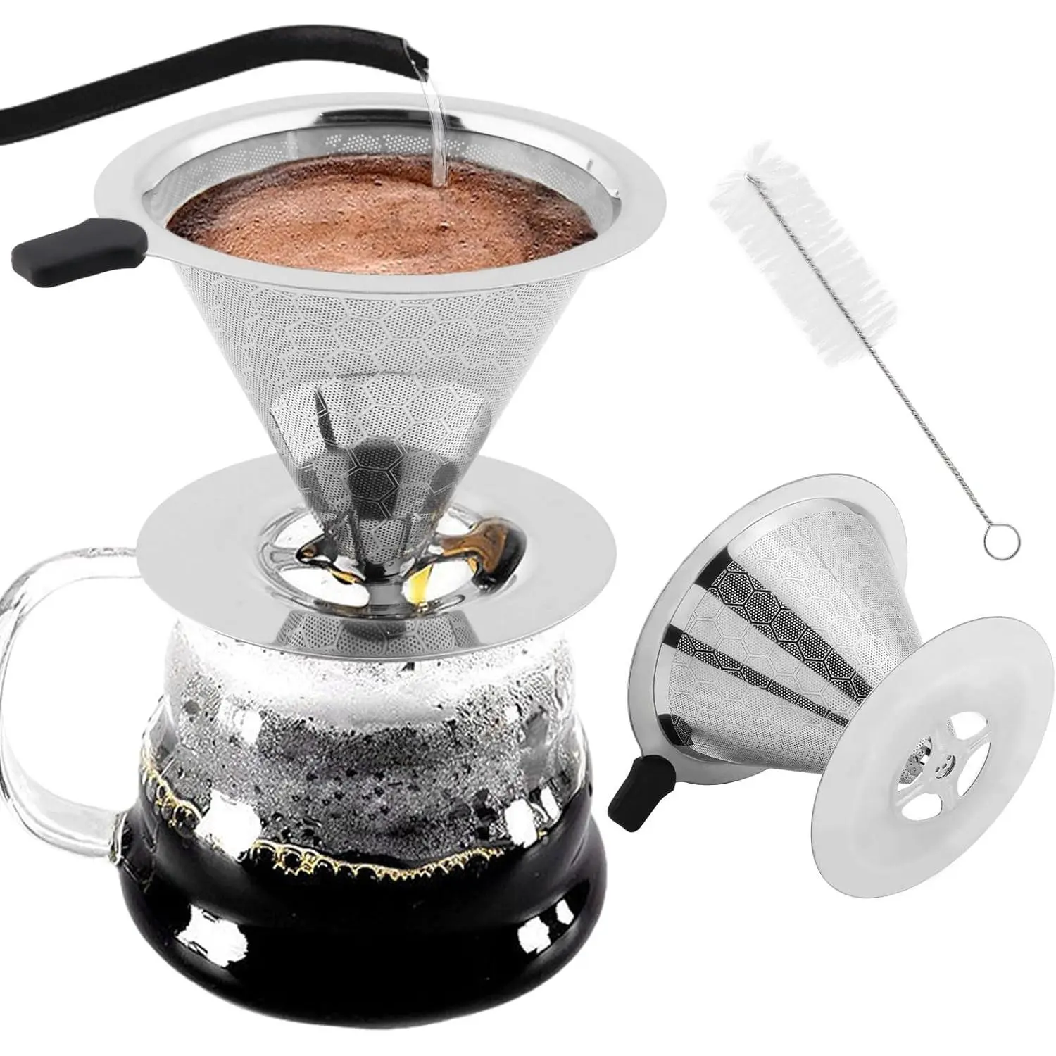 Pour Over Coffee Dripper, Double Mesh Coffee Filte-r Paperless Coffe-e Strainer  Coffe-e Maker Dripper with Stand and Cleaning Brush, 1-2 Cups(COLOR:)