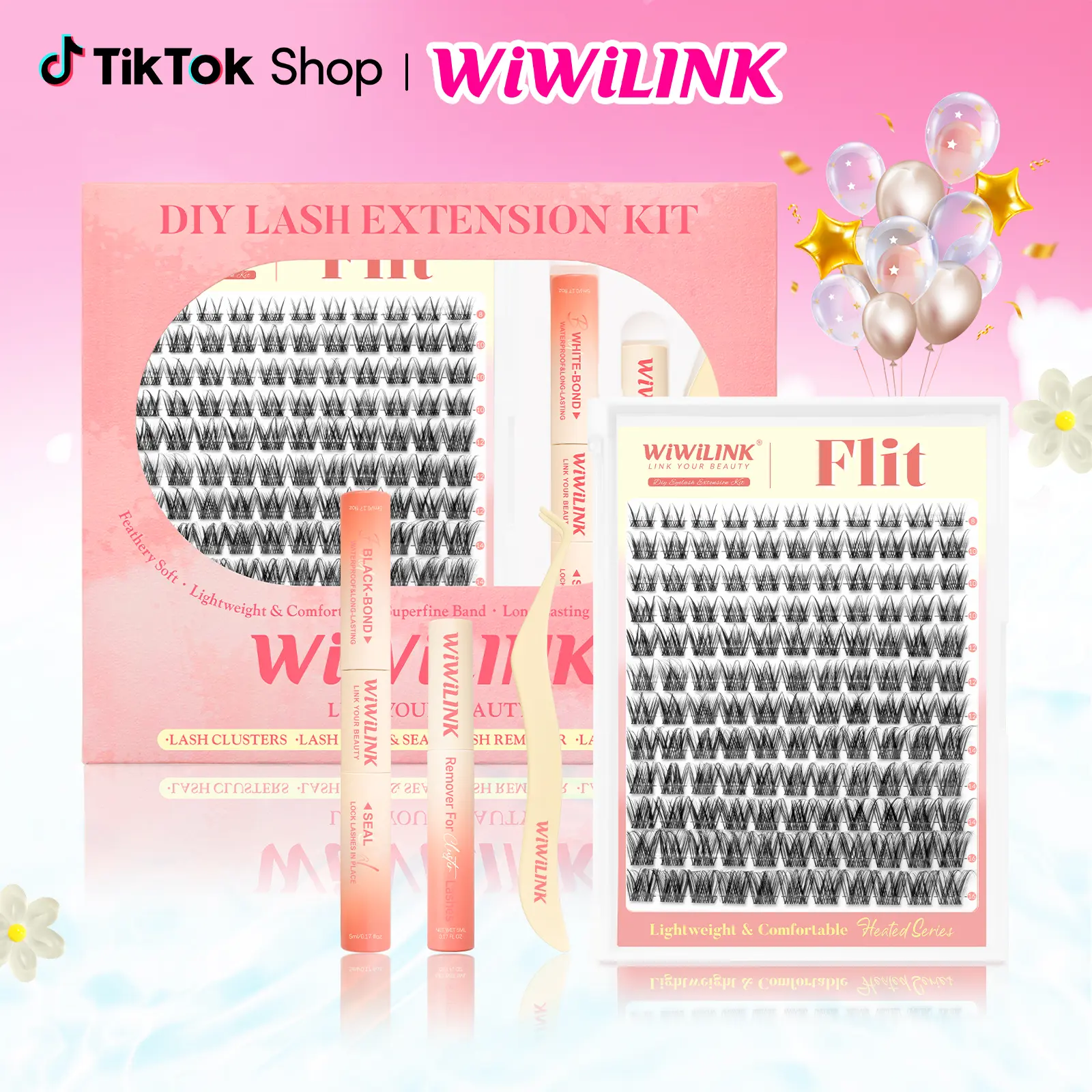WiWiLINK Flit 3D Cluster Lashes - DIY Lash Extension Kit Ultra-Thin Transparent Bands, C/D Curl, 8-16mm (Includes Bond, Seal & Remover)
