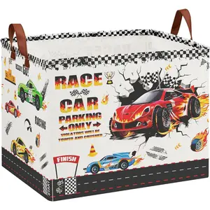 Race Car Toy Storage Basket Collapsible Kids Laundry Hamper with Parking Sign Car Themed Storage Organizer Bin for Boys Room Nursery Bathroom 36L Tire Toy Box