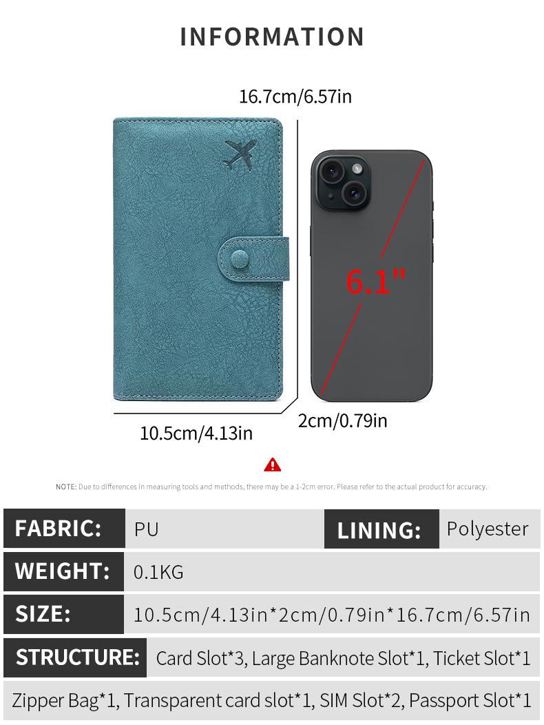 Anti-Theft Travel Passport Holder Wallet, Travel Document Holder, Airplane Design, Snap Closure, Multiple Card Slots & Coin Pocket, Durable Polyester Material