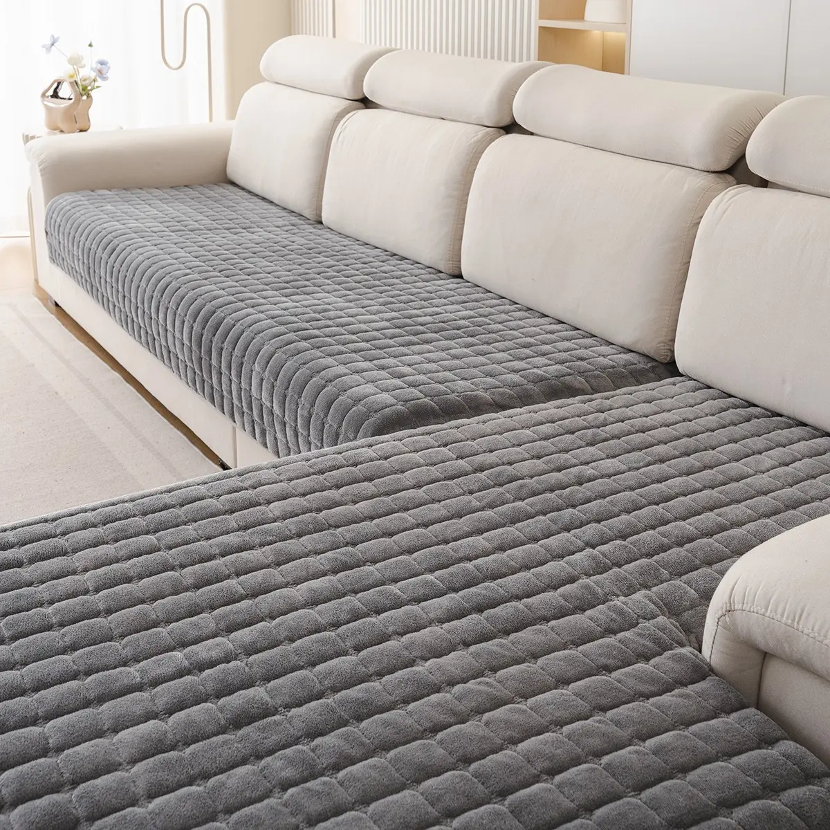 2 Piece Classic Flannel Quilted Sofa Cushions, Pet Friendly, Easy Install, for L-Shaped Sofas, Bedroom Living Room Office Decor, Sofa Cover Cushion