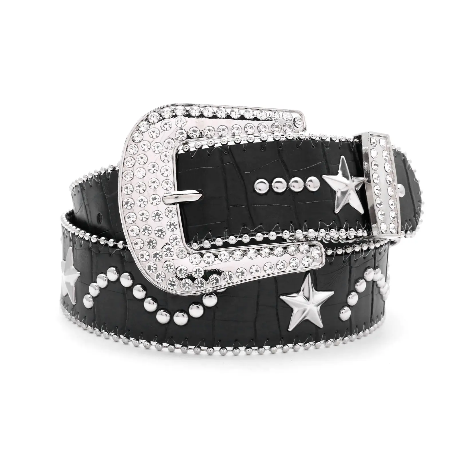 Effortless Black Crocodile Embossed Rhinestone Star Belt Y2K Sparkly Crystal Western Cowboy Cowgirl Belt Big Bling Buckle Studded Leather Waistband Country Music Festival Hip Hop Streetwear Accessories Men Women