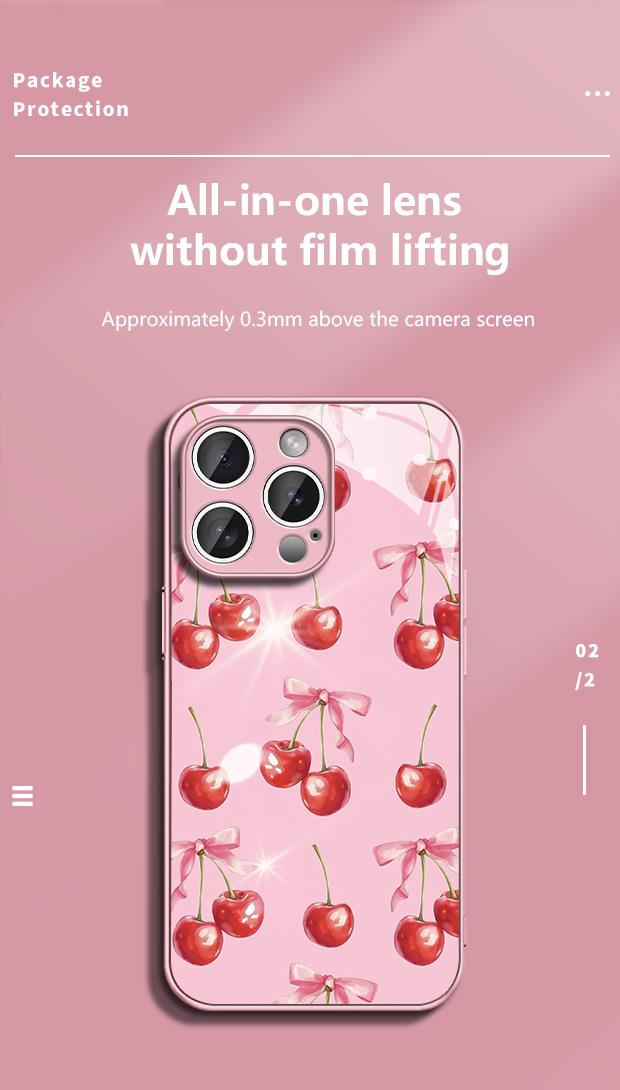 Pink Bow & Cherry Pattern Tempered Glass Case for iPhone 13/14/15/16 Pro/17 Pro Max Exquisite Design Drop-Resistant Scratch-Proof Protection Full Camera Lens Coverage