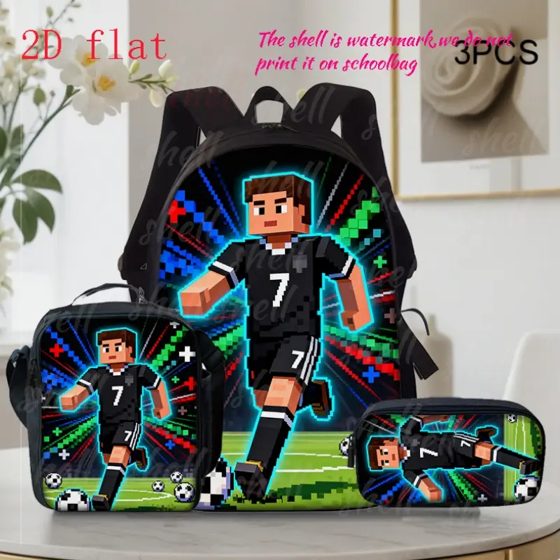 Cartoon block soccer ball print backpacks, available in a 3-pack, are made of durable polyester fabric. These backpacks offer ample capacity, feature a layered storage design, and have a stylish and cute appearance, making them suitable for teenagers.