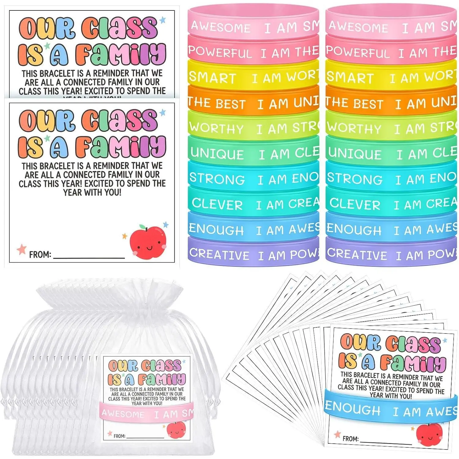 90 Pcs/30 Sets Back to School Gifts for Students Bracelets Our Class Is a Family Friendship Bracelets Inspirational Pastel Silicone Wristbands with Greeting Cards Organza Bags for First Day of School