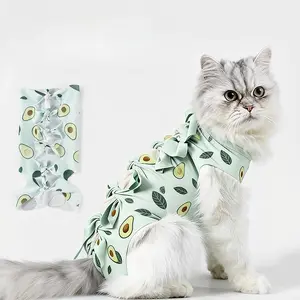 Cat Recovery Suit Post-Surgery Onesie - Avocado Print Spay Neuter Anti-Lick Bodysuit Soft Breathable Tie-Adjustable Pet Clothes Aesthetic TikTok Viral Cat Mom Must Have After Vet Care