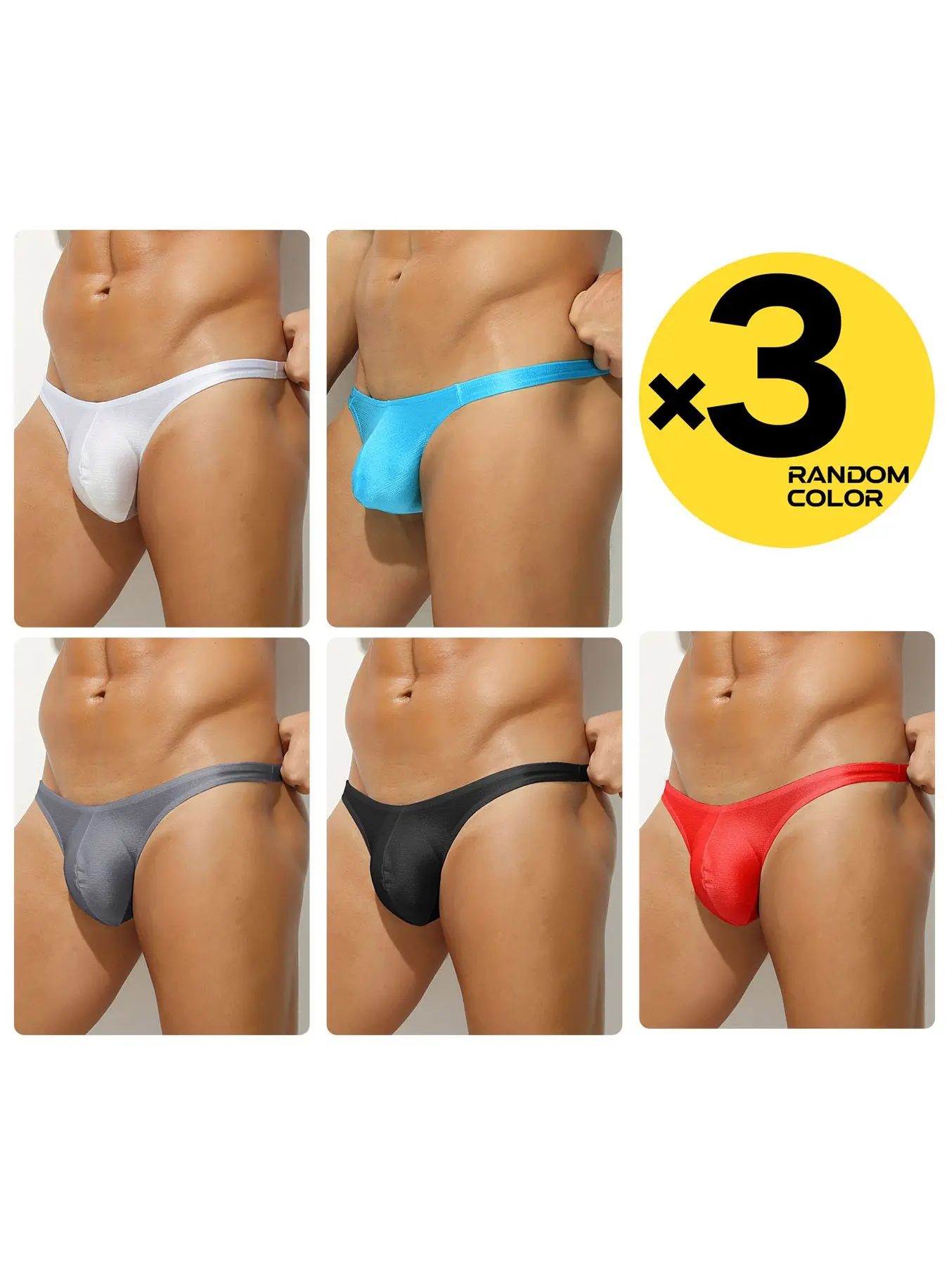 2/3/4 Pack Random Color Men Shiny Bikini Briefs, Smooth Soft Fabric, Contoured U Pouch, Narrow Band Low Waist Slim Fit, Close Fitting Underwear For Home And Daily Use