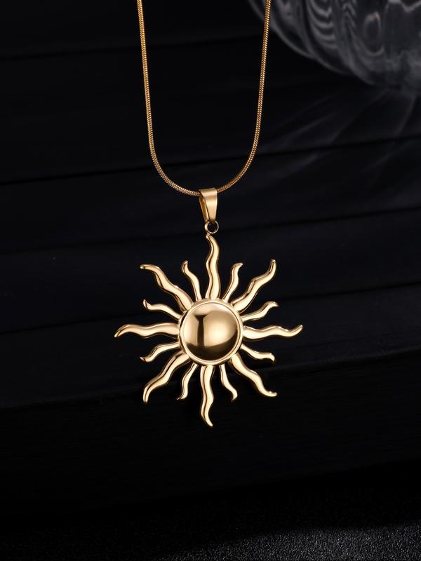 Stainless Steel Sun Pendant Necklace, Fashionable Chain, Elegant Rhinestone Design, Perfect for Daily Wear