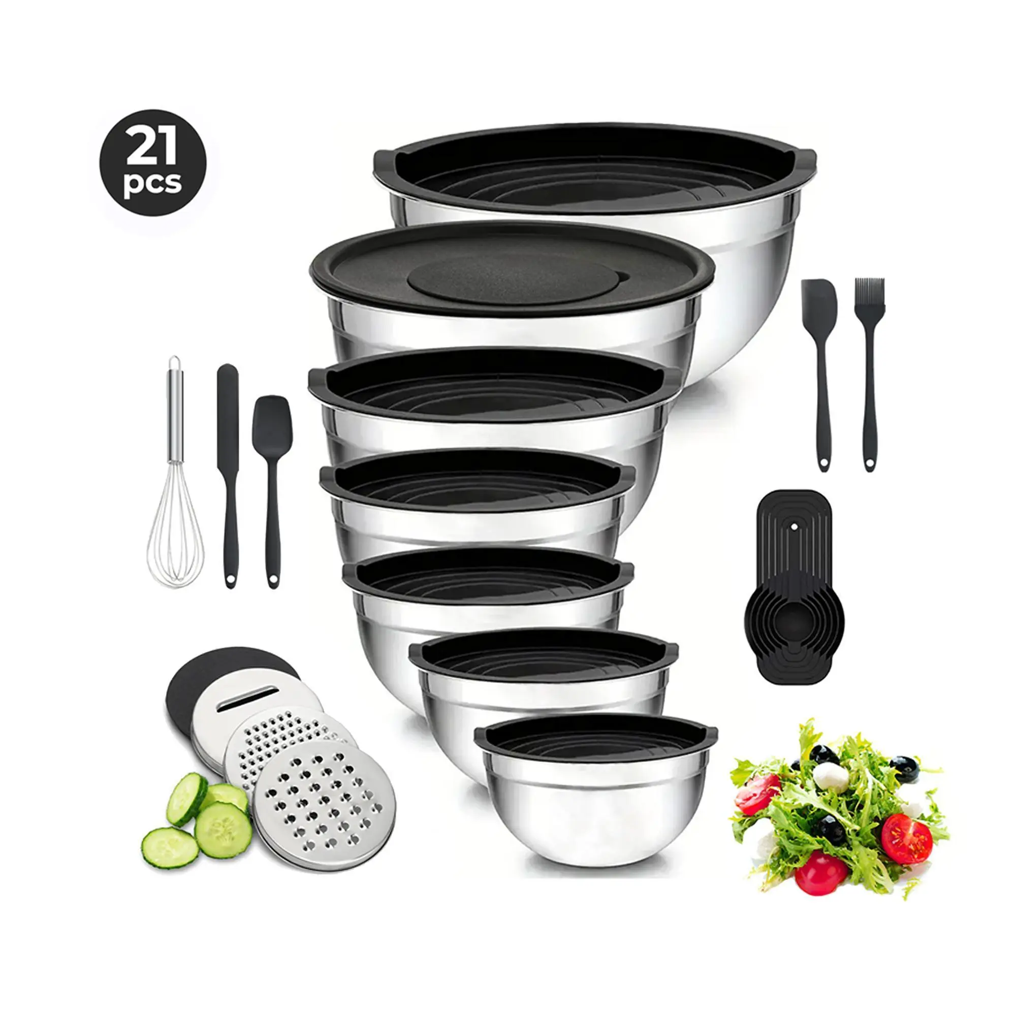 Nifogo Mixing Bowls with Lids Set - 7 Pcs Stainless Steel Mixing Bowls with 3 Grater Attachments, Non-Slip Silicone Base Mixing Bowl Set for Kitchen