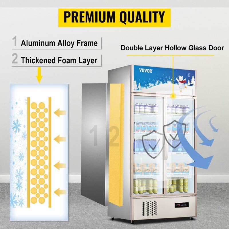 VEVOR Commercial Refrigerator, Display Fridge Upright Beverage Cooler, Glass Door with LED Light for Home, Store, Gym or Office, (23 cu. ft. Double Swing Door)