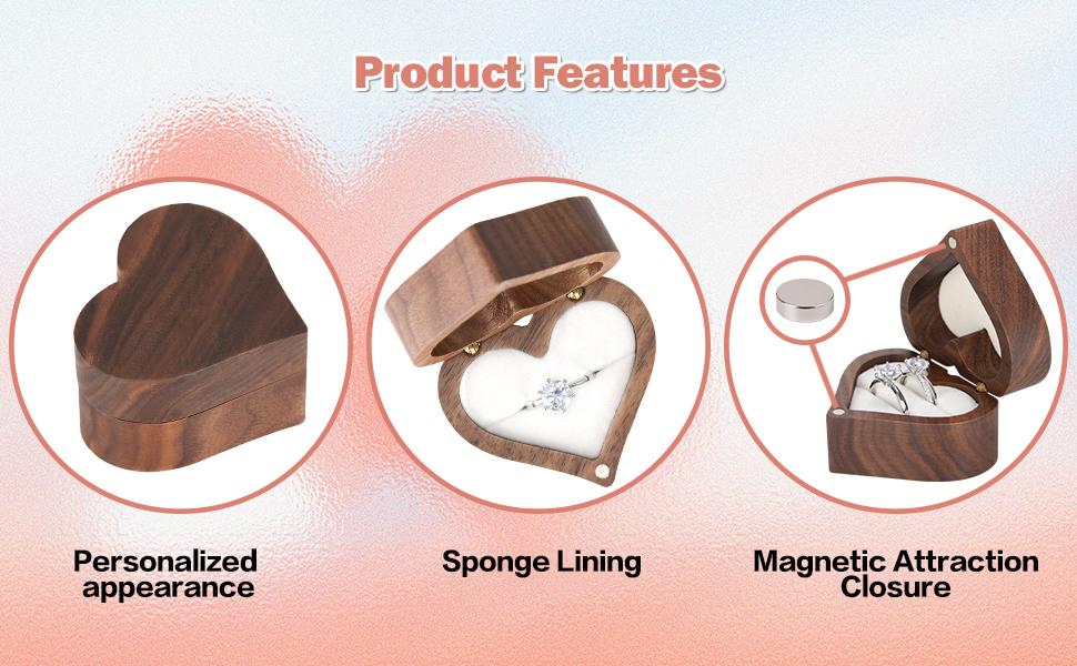 Wooden Heart Shape Ring Gift Box with Single Slot 2 Slot, Personalized Vintage Wood Jewelry Box for Proposal Engagement Wedding Ceremony Anniversary (White -2 Slot)