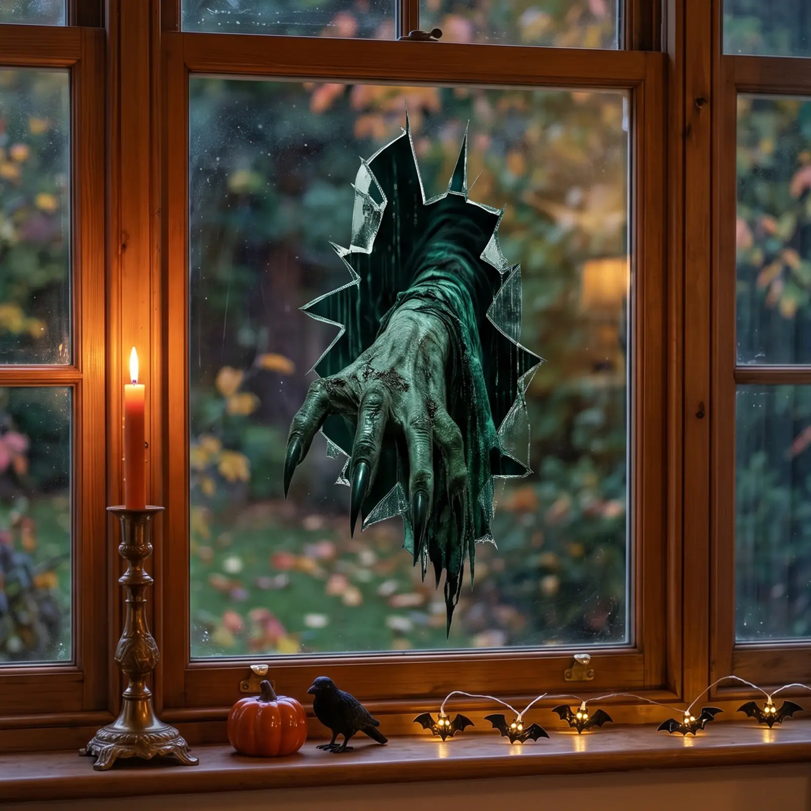 1Pc 30*60cm Halloween Broken Window Green Claw Static Window Clings, Scary Zombie Bat Decor Stickers for Home Glass Window