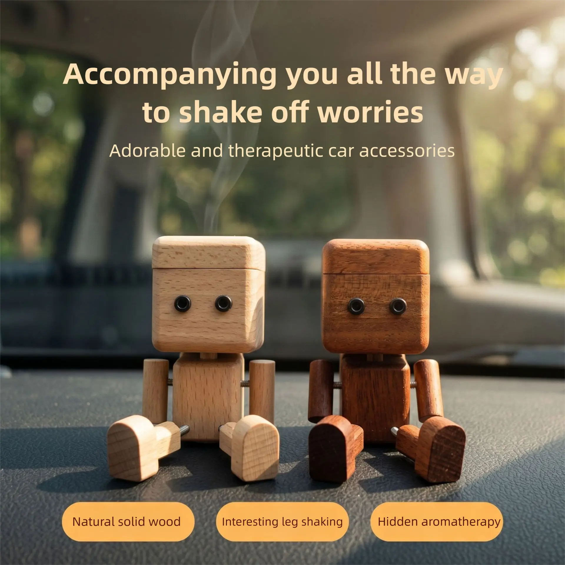 Unisex Shaking Wooden Figurine with Spring Legs - Clip-On Aromatherapy Car Air Freshener, Car Dash/Desktop Decor, 5 Replaceable Scents, Ideal Party Favor