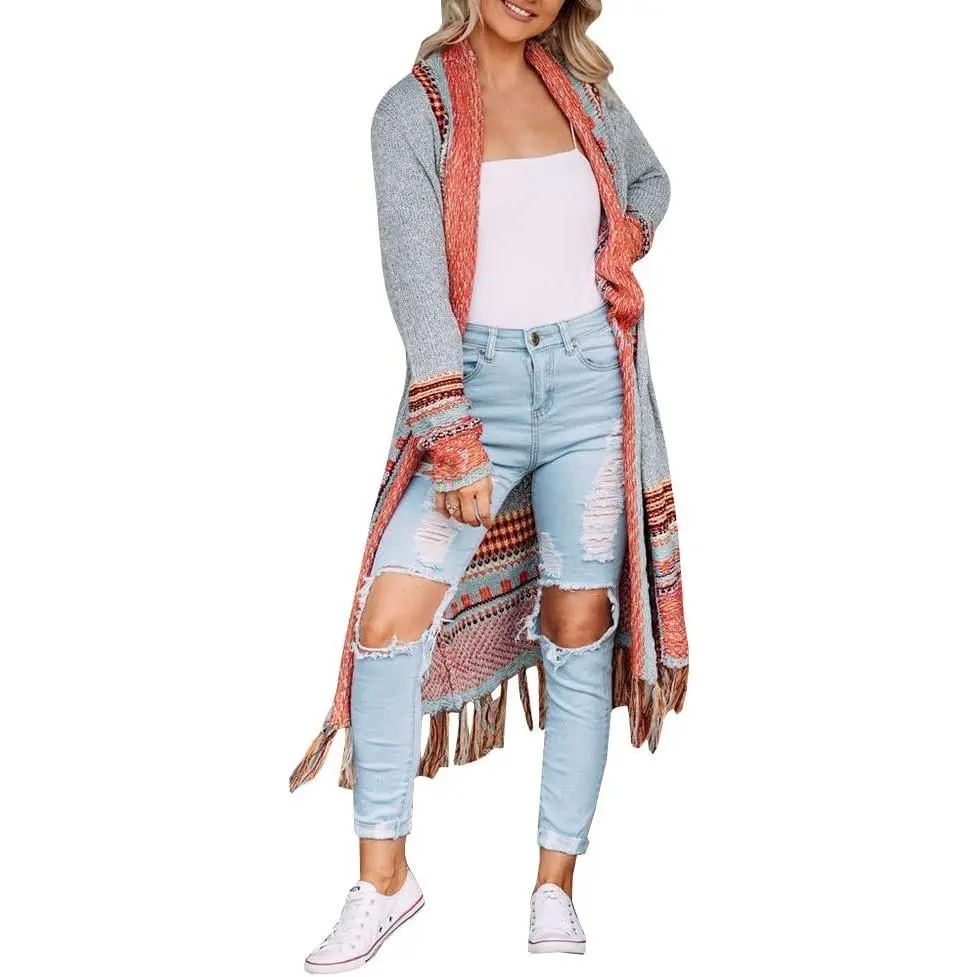 Women Boho Cardigan Sweater Long Open Front Maxi Knit Sweaters Aztec Tribal Tassel Fringe Thin Coat