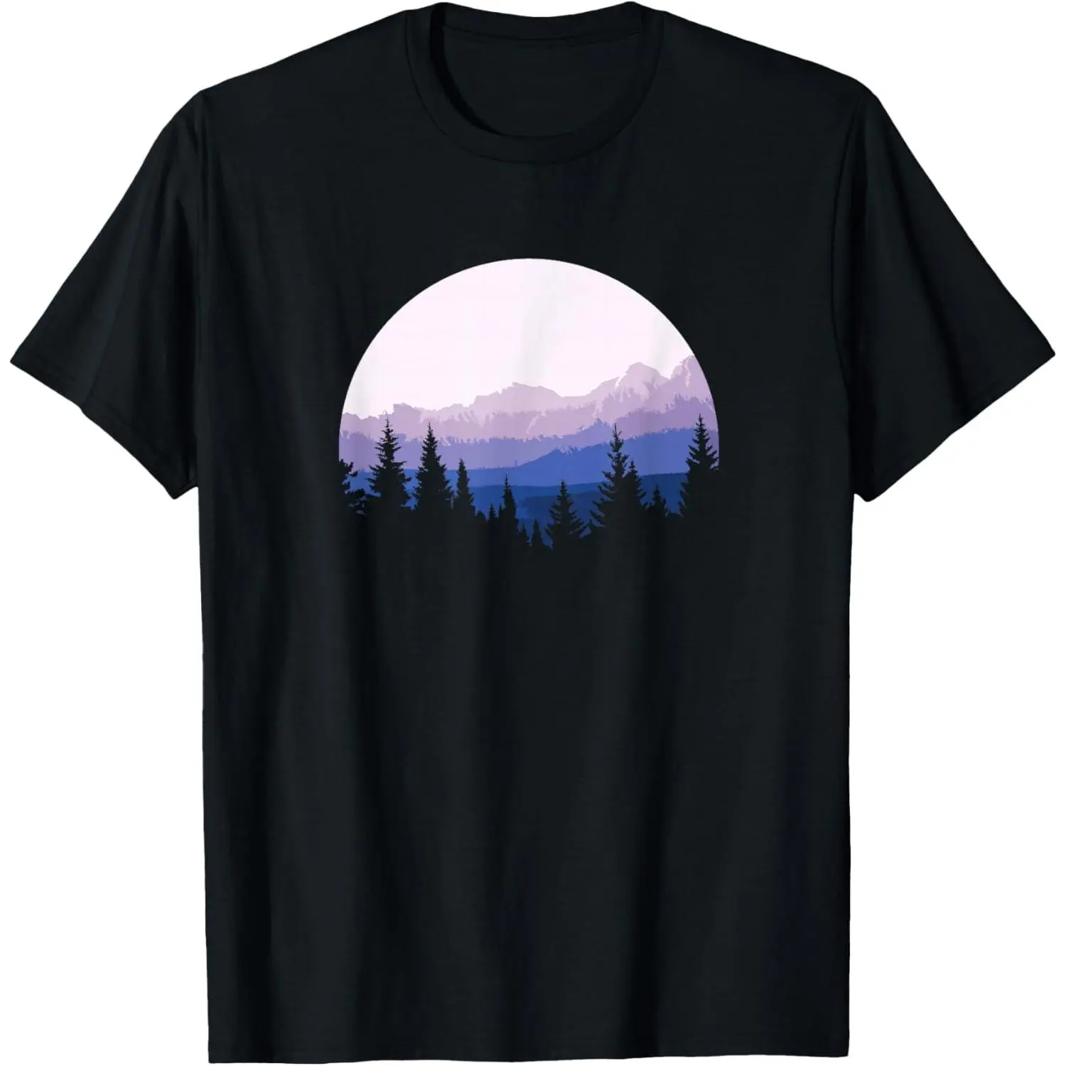 Forest Mountain Landscape Graphic T-Shirt, Nature Silhouette Print Short Sleeve Cotton Tee, Outdoor Adventure Lover Casual Shirt