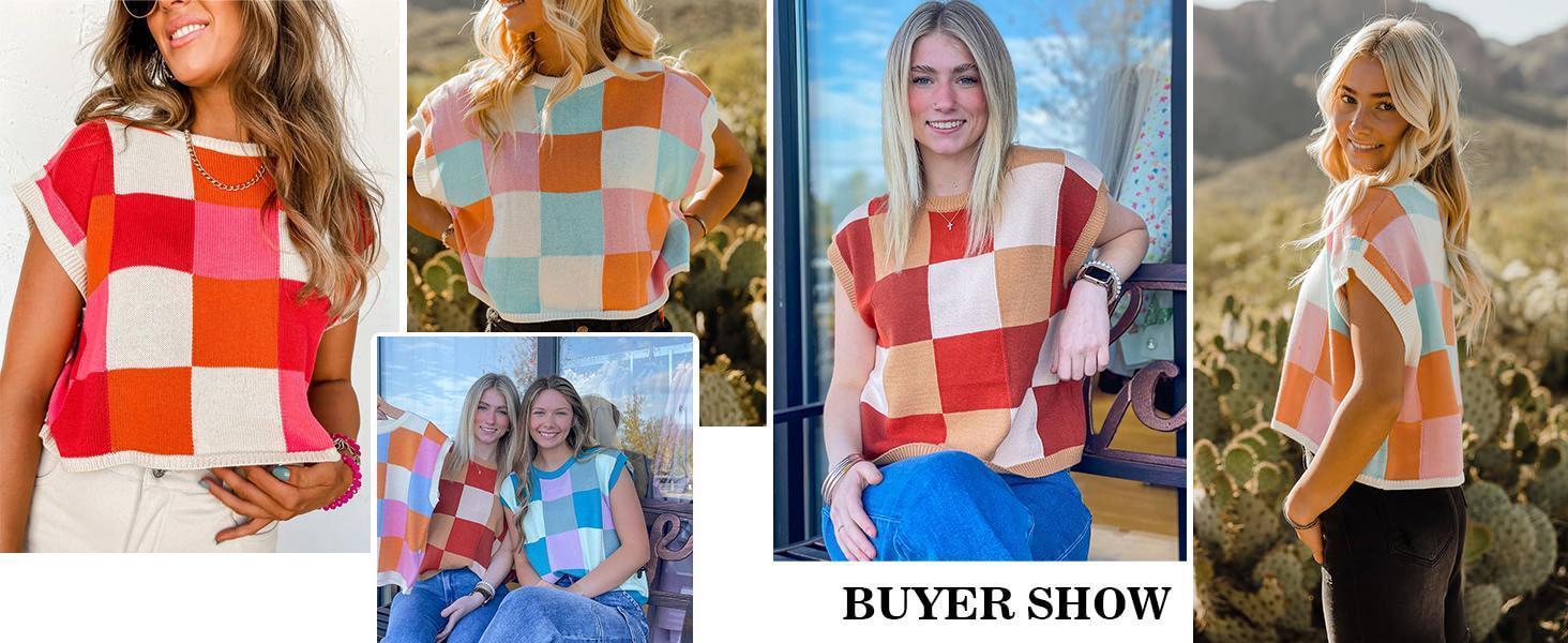 Imily Bela Womens Cap Sleeve Crop Tops Summer Color Block Going Out Crew Neck Knit Trendy Casual Sweater in Brown & Beige