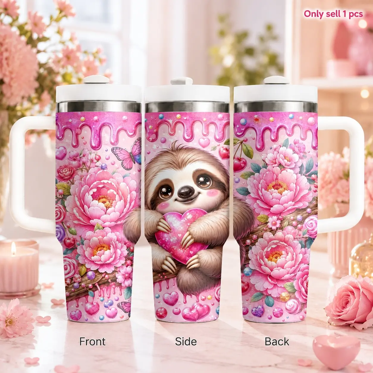 40oz Cute Sloth Tumbler with Handle & Straw | Stainless Steel Vacuum Insulated Travel Mug | Leak-Resistant Cupholder Friendly Cup | Keeps Cold 24H for Gym Office & Car
