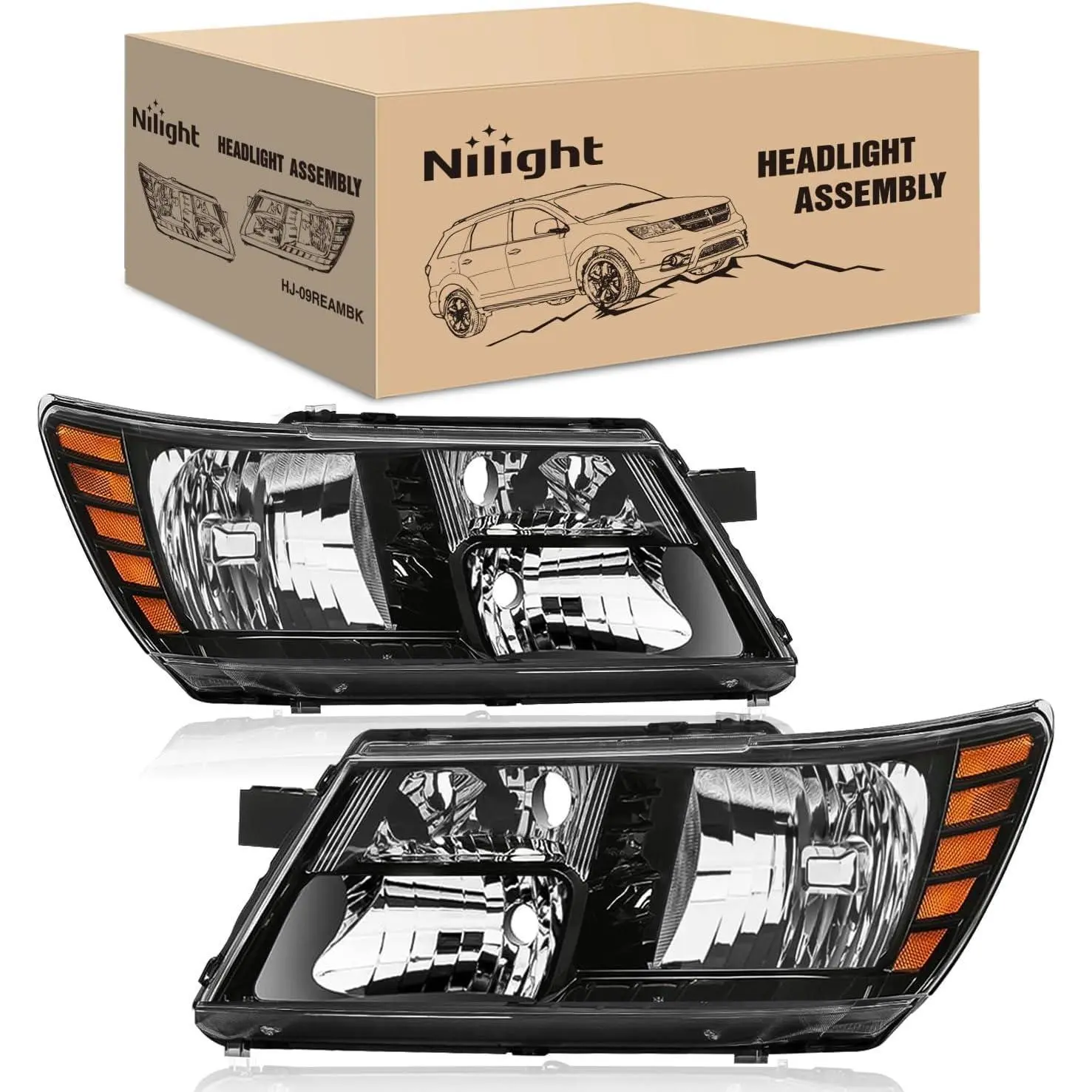 Nilight LED Headlight Assembly, Compatible with 2009-2020 Dodge Journey, Black Housing, Amber Reflector, Brightening, Temperature-Adjustable, Waterproof, Durable, Corrosion Resistant, Dust-Proof, Easy Install, Driver & Passenger Side, Part 5116288ab