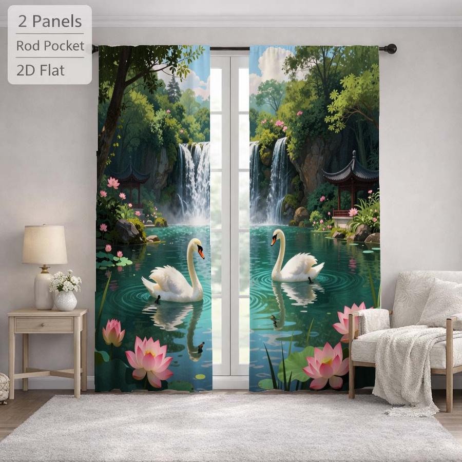 2Pcs Asian Landscape White Swan Lotus Pattern Sun Blocking Curtains Digital Printed Rod Pocket, Window Treatment For Bedroom Office Kitchen Living Room Study Home Decor