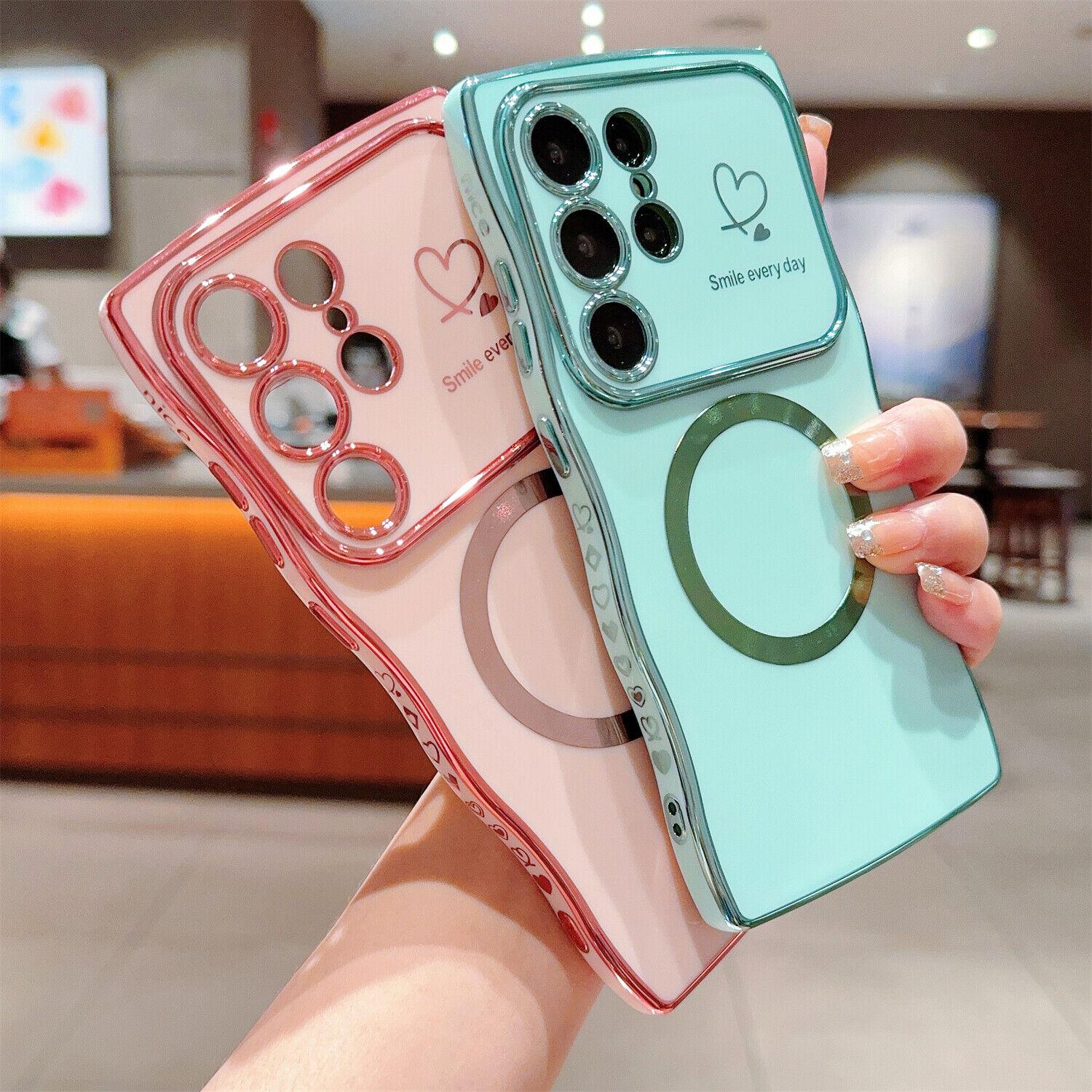 OREKROY【Free.ship】Magnetic Case for Samsung S25 Ultra Plus S24 S23 S22 ,Soft Wave Frame Curly Shape Cute Love Heart Plating Phone Case with Raised Camera Lens Protection,Compatible with MagSafe Wireless Charging, Shockproof Back Cover for Women Girls