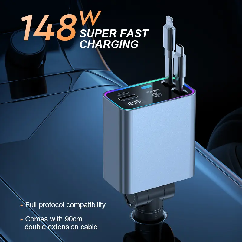 New popular 90cm retractable dual-cable car charger, made of alloy material, PD fast charging, digital voltage display, 180-degree rotation, LED ambient light, multi-charging capability