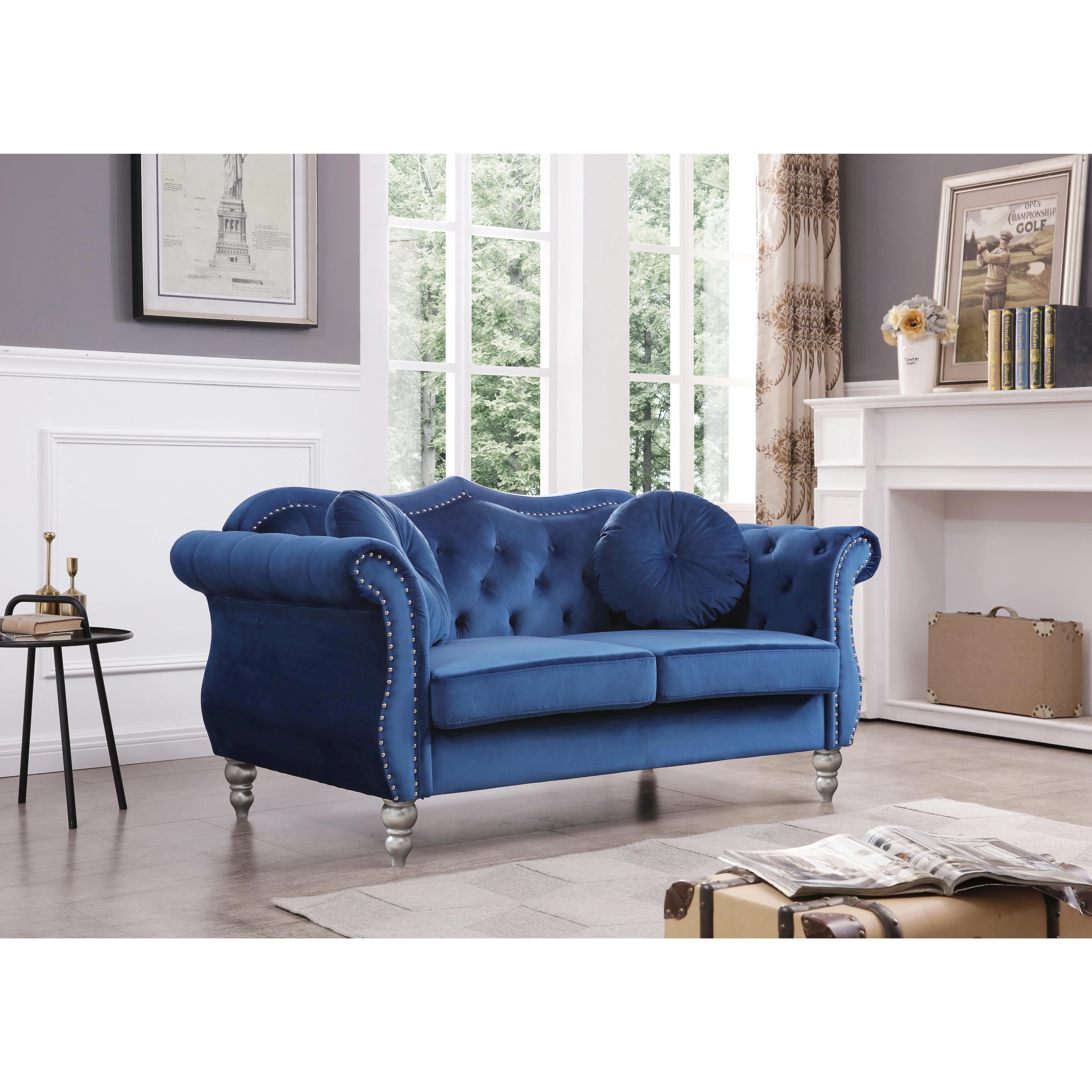 Nokaa Transitional Navy Blue Velvet Loveseat, Compact 2-Seater Couch for Living Room, Apartment, Office, Cozy Reading Nook, Flared Arms, 22-Inch Seat Depth, Easy Clean Fabric, Multiple Options