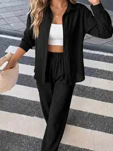 【Back to School Outfits】Women's Clothes Casual Elegant Solid Color Long Sleeve Button Front Shirt and Wide Leg Pants Set, Spring Fall 2 Piece