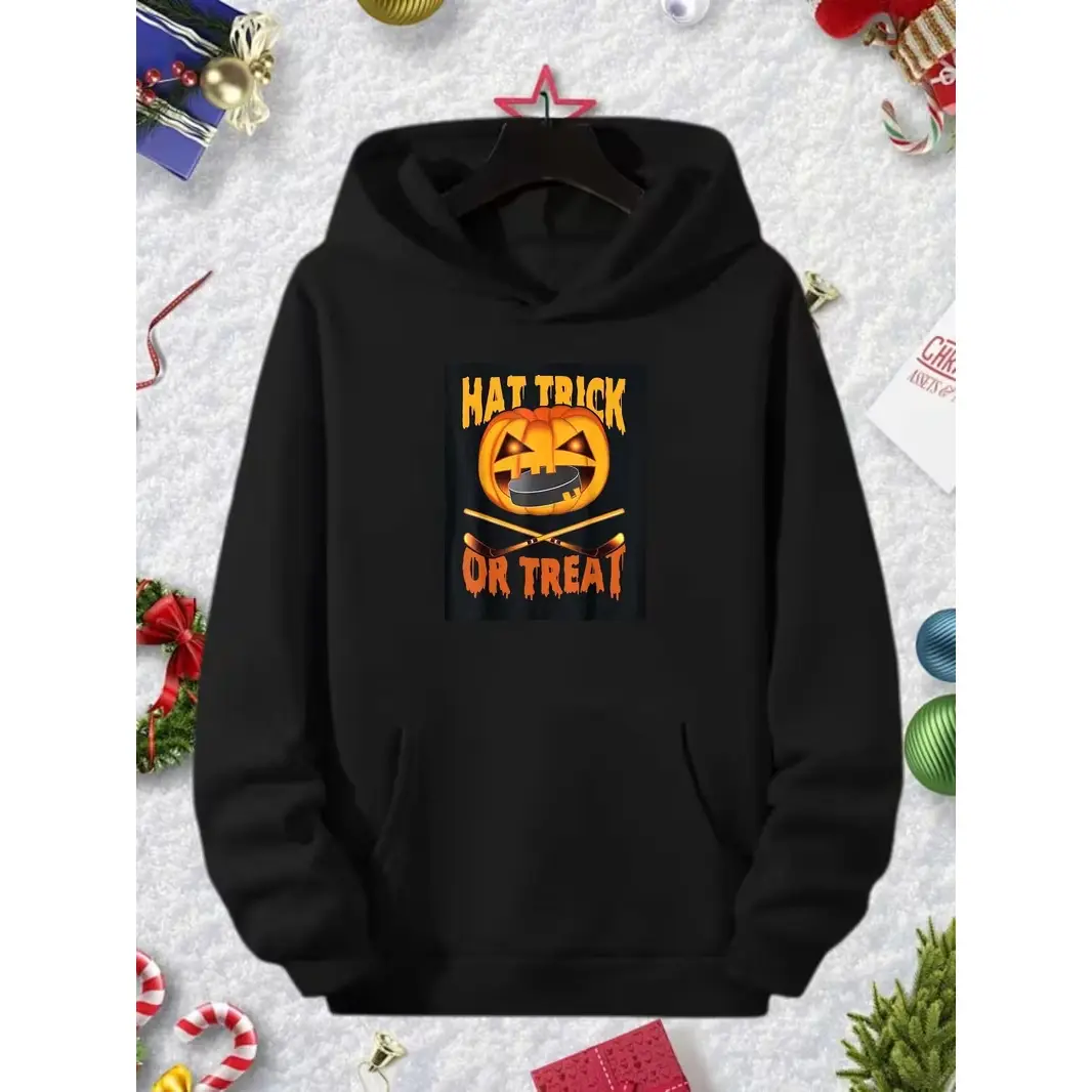 Halloween Pumpkin Hockey Stick Puck Graphic Oversized Comfort Cotton Fashion Hoodie Outfit, Funny Hat Trick Or Treat Pun Sports Sweatshirt, Perfect Halloween & Valentine’s Day Gift For Hockey Player Fans, Ideal Holiday Present For Him Son Boyfriend Sports