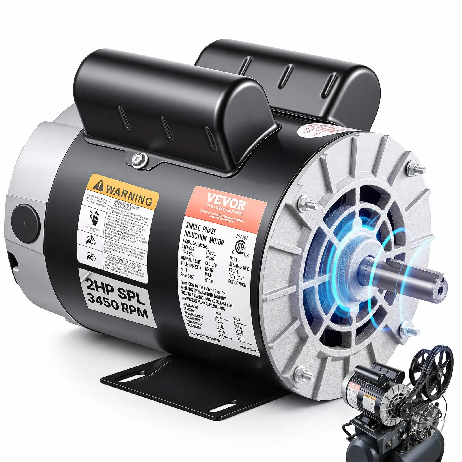 【Black Friday】VEVOR 2HP SPL Electric Air Compressor Motor Unit with Cooling Fan & Compressor Drive, 115/230V, 20/10A, 56 Metal Frame, 3450RPM, 5/8" Keyed Shaft, 1.88" Shaft Length, Single Phase, CCW/CW (Factory Setting CCW), , DP120256SL