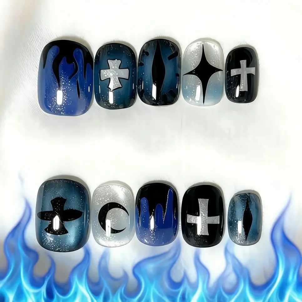 10pcs Short Square Y2K Blue Black Ombre Summer Press on Nails, Silver Teal Glitter Cross Flame Moon Celestial Design, Reusable Jelly Adhesive Fake Nails Set for Dark Aesthetic Goth Women, Trendy Night Sky False Nails for Party Concert Daily Wear