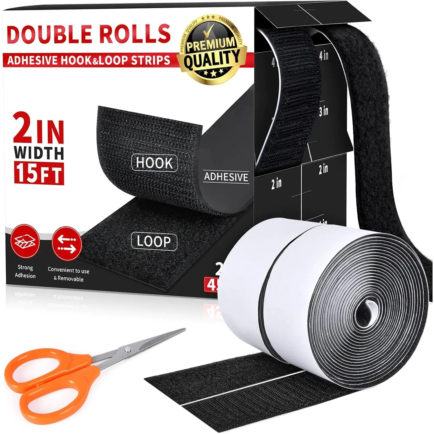Dual-Sided Adhesive Nylon Hook and Loop Strips, 2x15ft 2-Inch Heavy Duty Double Rolls for Office Users, Arts and Craft, Smooth Surfaces