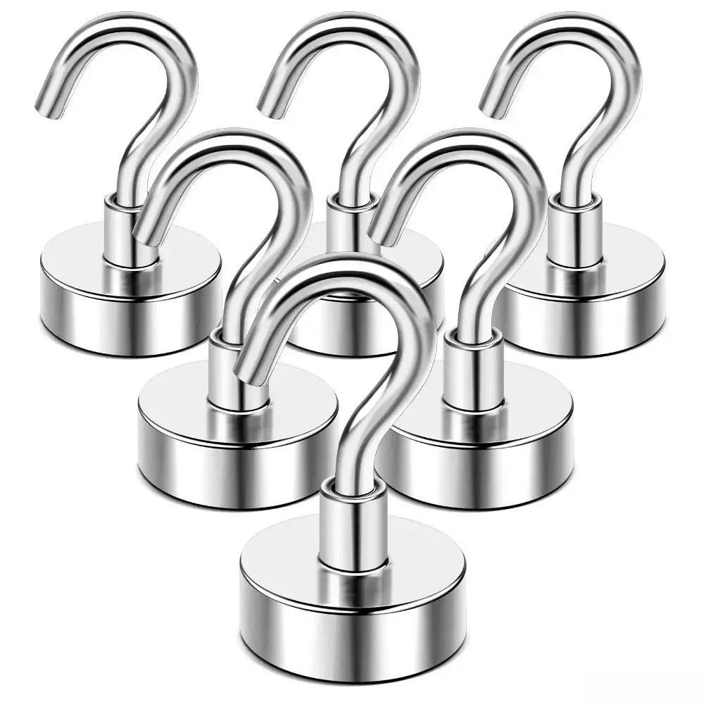 2026 New Arrival 6-Pack Silver N52 Magnetic Base Hooks, 30LBS Heavy-Duty Strong Magnet Hanging Hooks, Multi-Use Storage Hangers for Fridge, Kitchen, Classroom Organizing, Magnetic Base Hook