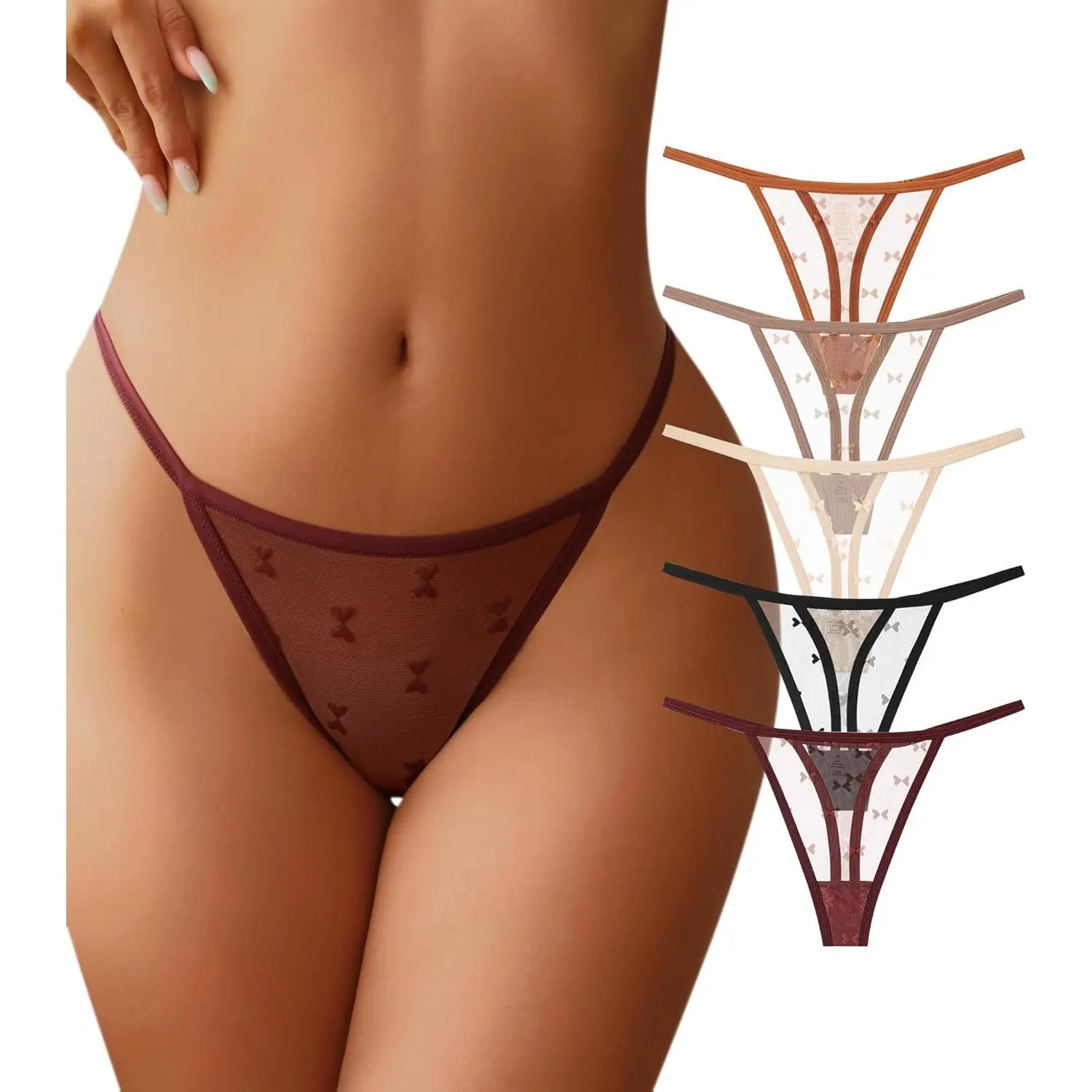 Women's Minimalist G-String Thongs - 5-Pack Lace Hollow Out Low Waist Underwear, Stitch-Detailed Smooth Fabric, Breathable Comfy Cheeky Sexy Panties