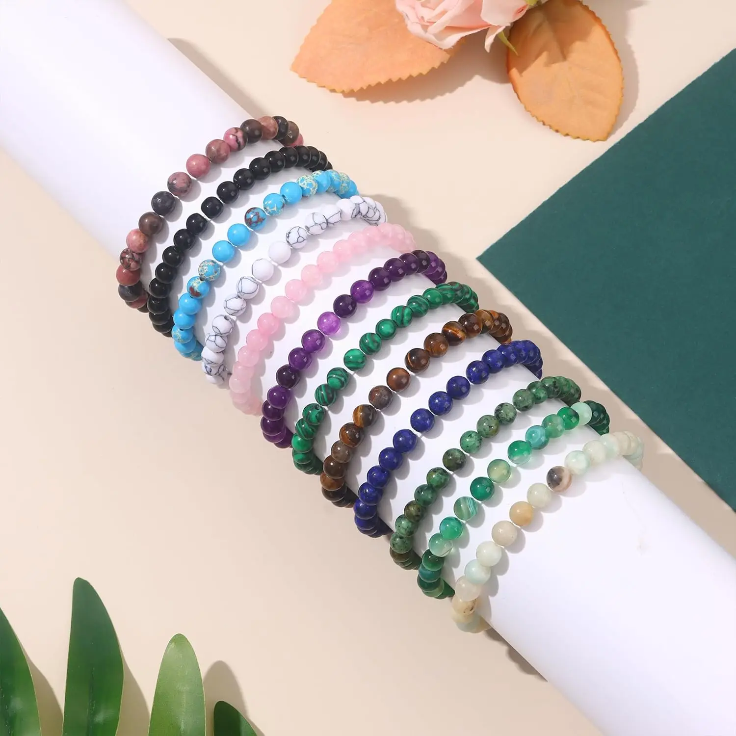 12PCS Women's Gemstone Beaded Bracelet Set - 6mm-8mm Casual Crystal Jewelry, 7.5 Inches Stretchable Fit, Waterproof Semi-Precious Stone Gift Pack, 12 Pieces, Genuine Stone, Yes, Everyday Wear, All Seasons, 8Mm Genuine Stone Beads, Balance