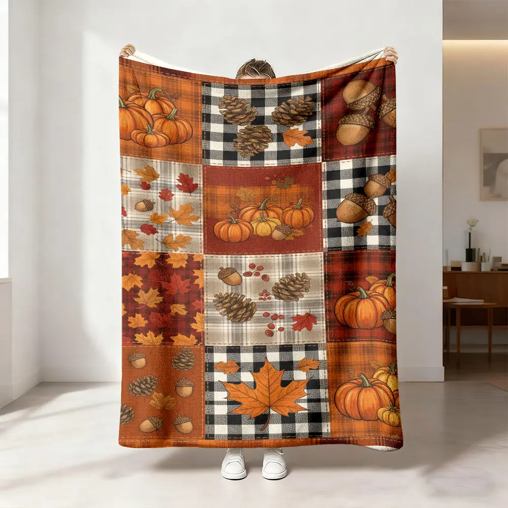 This quilted flannel blanket, featuring a patchwork of pumpkins, maple leaves, and pine cones, is soft, warm, and versatile. It's perfect for sofa bed covers, office nap blankets, outdoor camping blankets, and all-season gifts