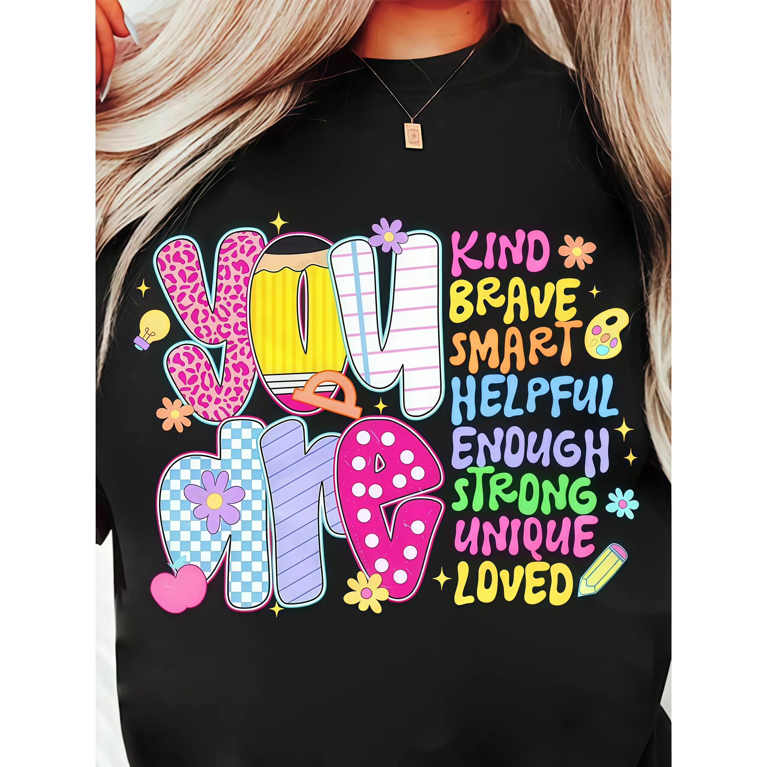 Women's Essential Breathable Cotton Round Neck Short Sleeve Motivational Floral Print Sports Top - "You Are Kind Brave Smart Helpful Enough Strong Unique Loved", Teacher Appreciation Gift, 1-5 Days Delivery, Everyday, Fabric