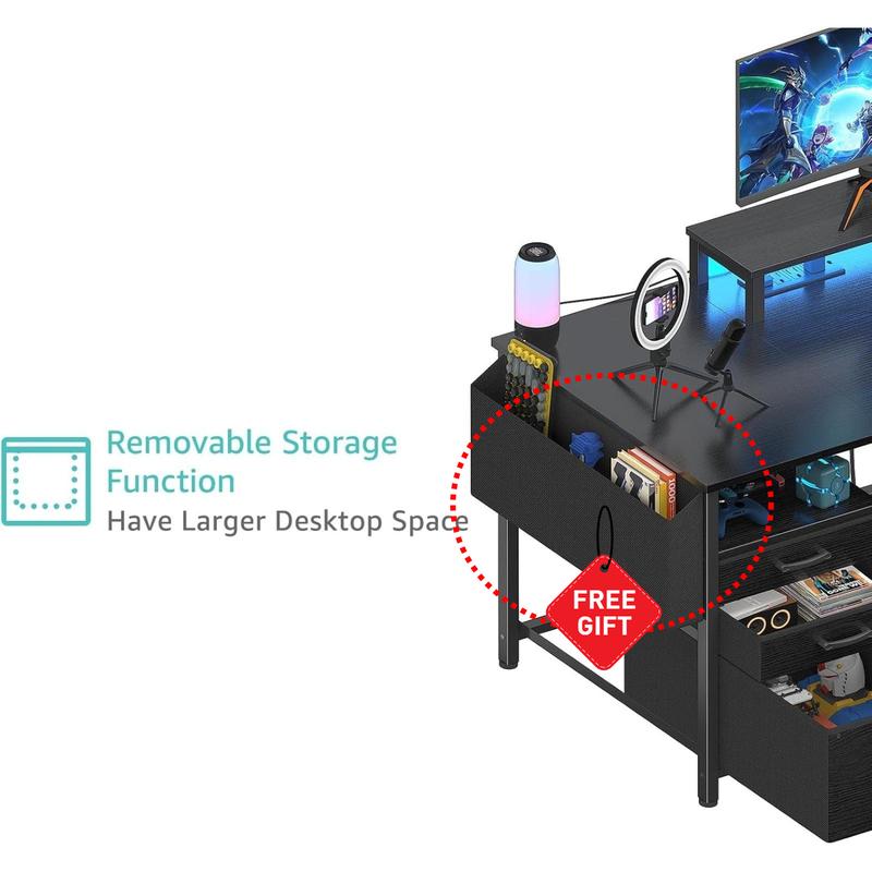 Lufeiya Gaming Desks with Led Lights and Power Outlets, 55 Inch Computer Desk with File Drawers Cabinet, Home Office Desk with Shelves Monitor Stand, Black, Get Free Gift