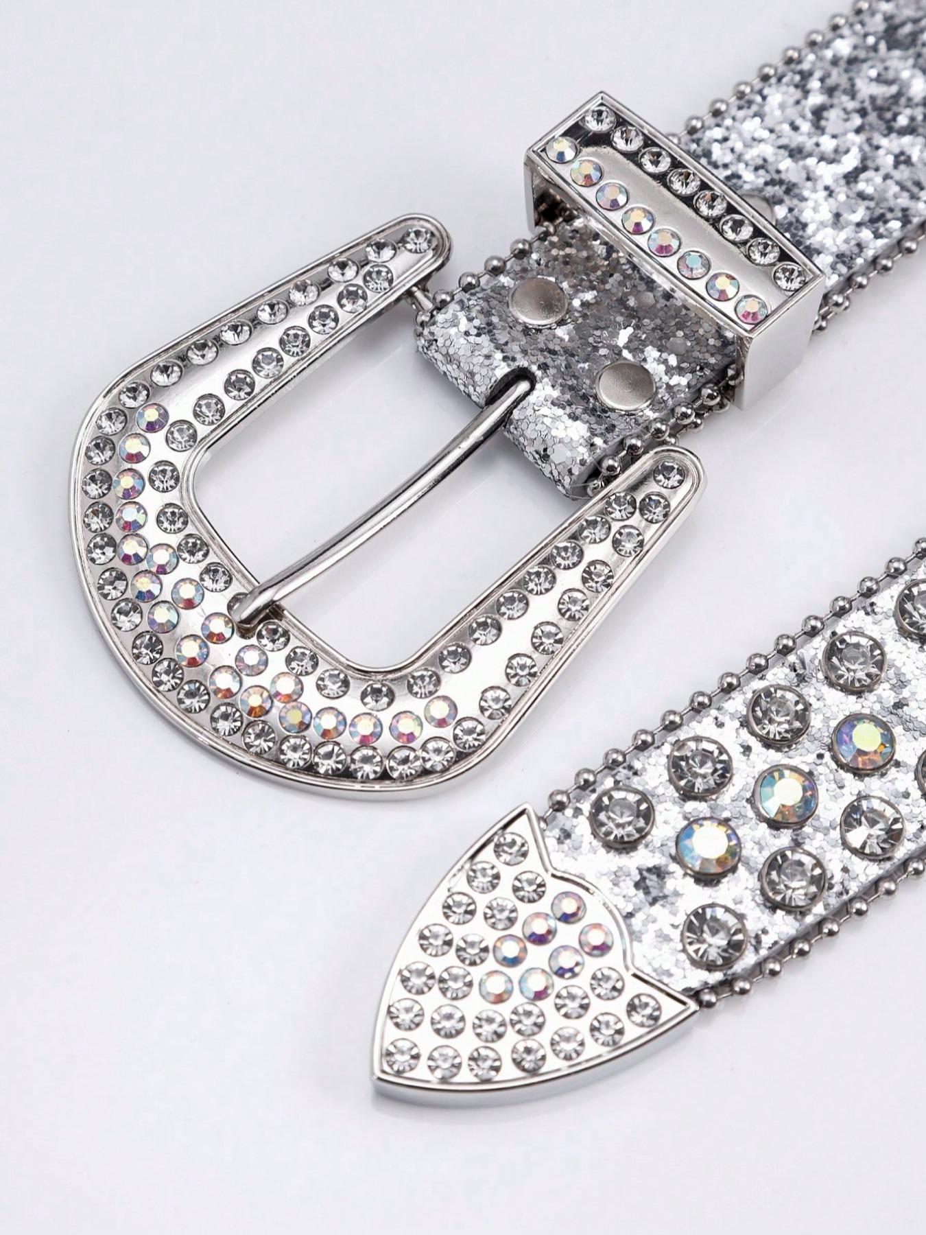 1 Piece Rhinestone Western Buckle Belt, Fashion Holographic Belt, Glitter Punk Waistband for Party, Daily Clothing Decoration, Bling Western Belt