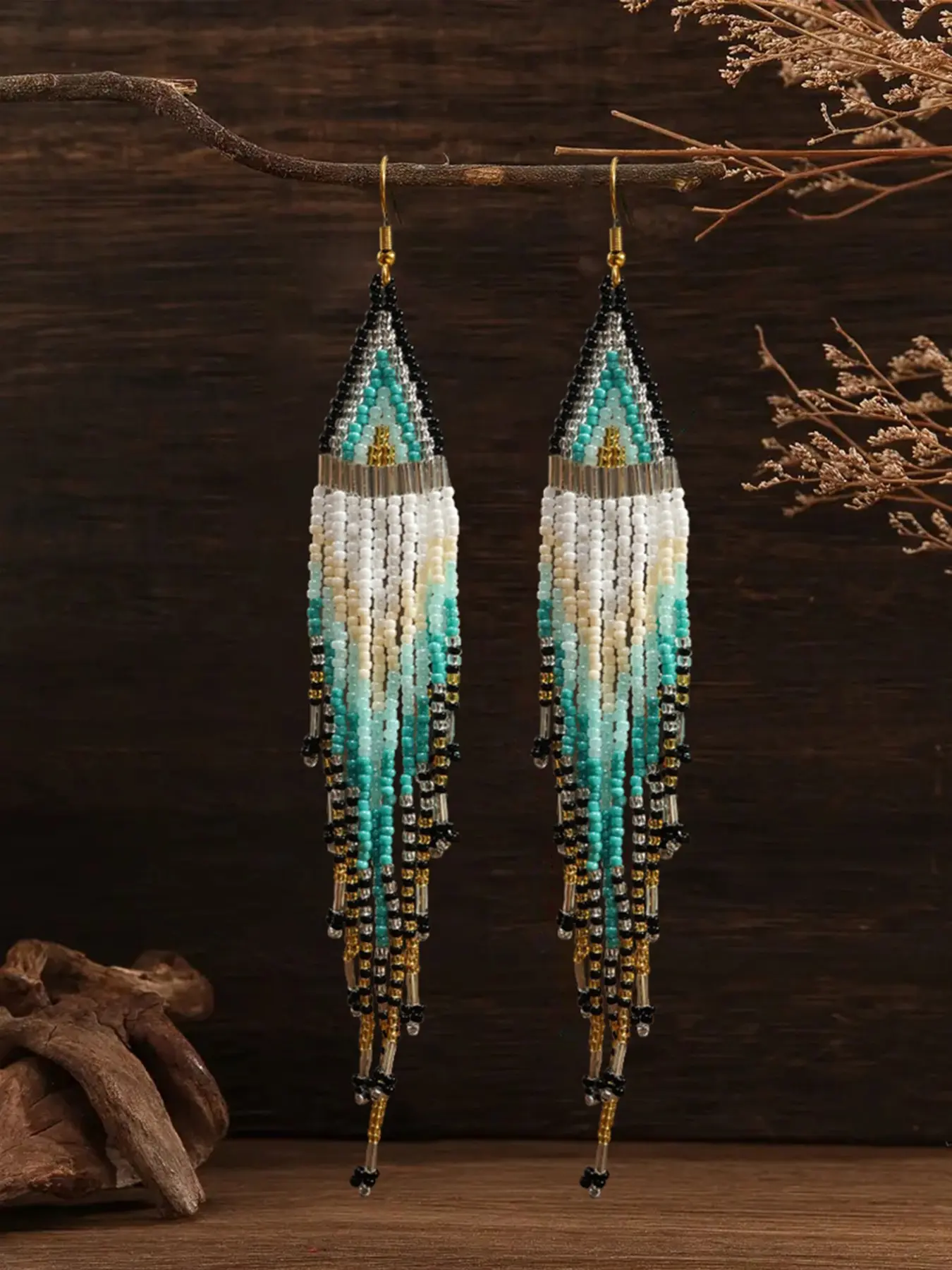 Bohemian Turquoise Seed Bead Fringe Dangle Earrings for Women, Vibrant Handmade Long Tassel Drop Earrings, Western Ethnic Bohemian Jewelry