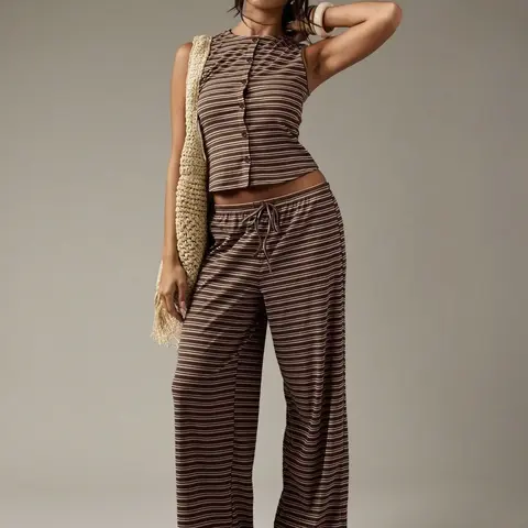 Women's Casual Striped Button-Up Sleeveless Top & Wide-Leg Pants Set, Clothing Sets, Chic Two-Piece Outfit for Everyday Wear, Comfortable and Stylish Matching Design