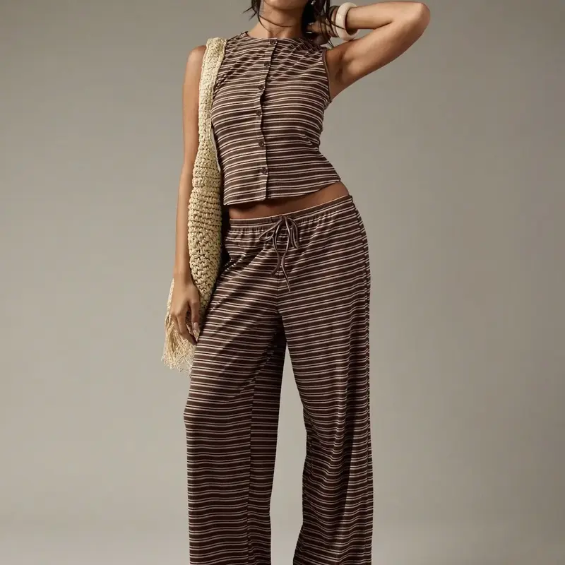 Women's Casual Striped Button-Up Sleeveless Top & Wide-Leg Pants Set, Clothing Sets, Chic Two-Piece Outfit for Everyday Wear, Comfortable and Stylish Matching Design
