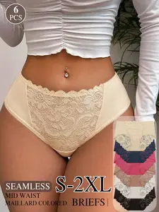6 Pcs Women's High-Waisted Floral Lace Underwear, Transparent Mesh Anti-Roll Panties, Breathable Soft Inner Wear for All Seasons