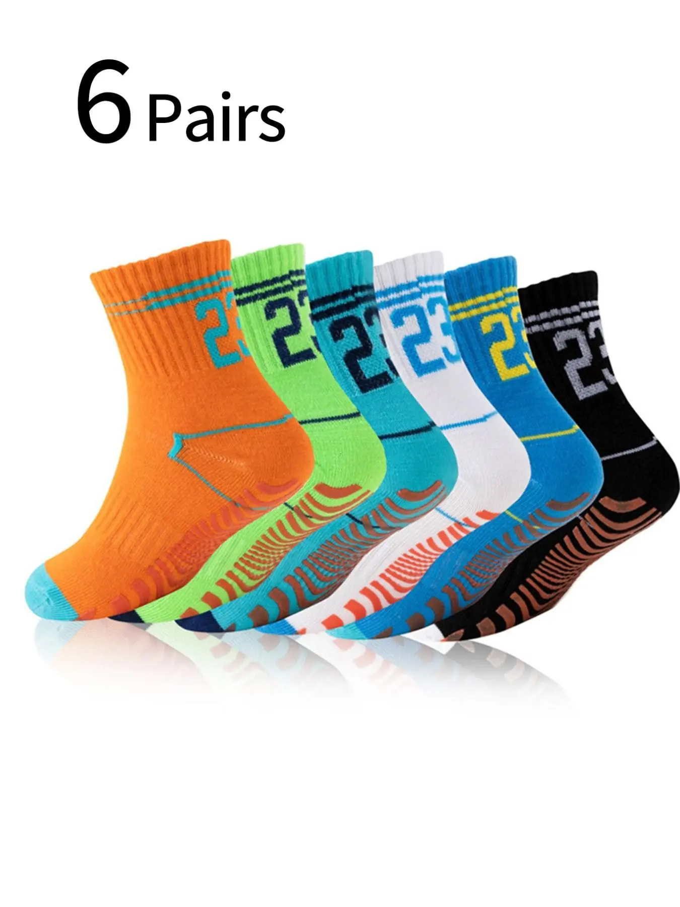 6 Pairs Boys' Sports Socks, Sweat-Wicking Basketball Socks, Mid-Calf Thickened Towel Bottom, Skateboard Socks, Playground Trampoline Socks