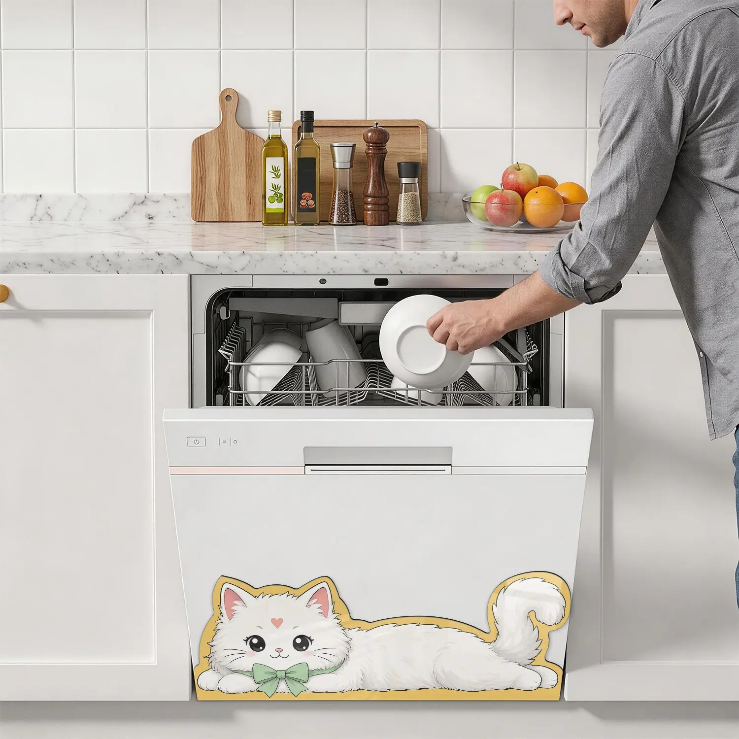 Cute Cat Modern Dishwasher Magnet Sticker, 58.5x20cm, Reusable Magnetic Decorative Sticker, Long Dishwasher Magnet, Appliance Outer Sticker