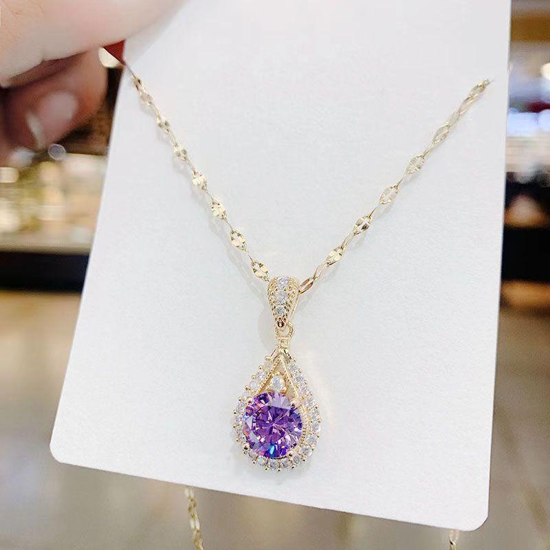 Purple Teardrop Pendant Collarbone Necklace |     Women's Fashion Versatile Necklace, Light Luxury Office Accessory, Crystal Necklace